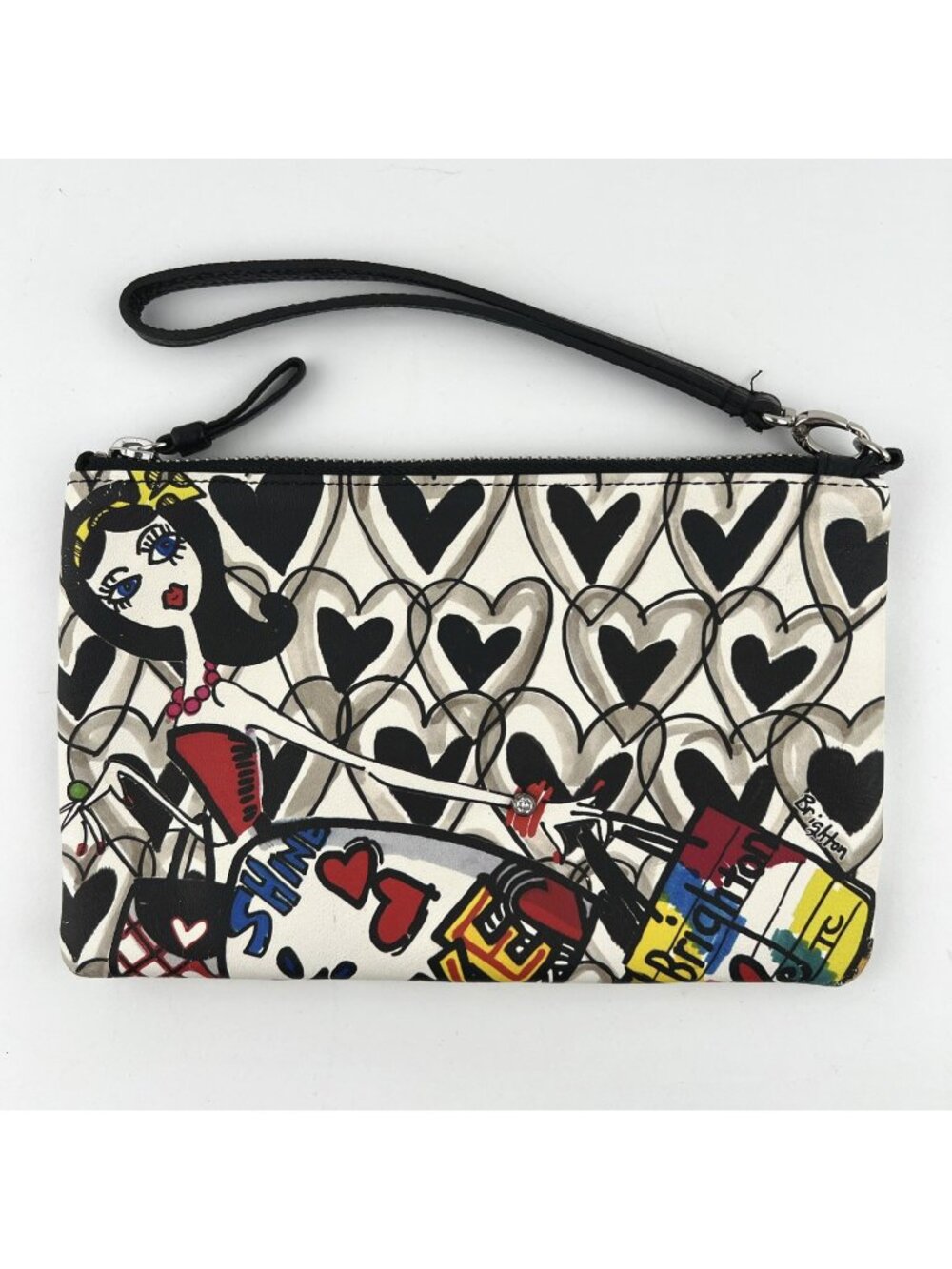 Brighton Wristlet Clutch Pouch Hearts 8.5x5 Black White Jeweled Boho Cottage